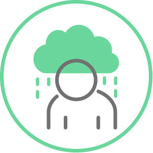 An illustrated circle graphic of a person icon looking down. There is a green rain cloud over their head.