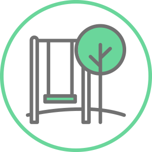 An illustrated circle graphic of a swing and a a tree icon in green.