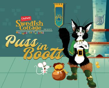 Puss in Boots featuring a cartoon cat in a castle.