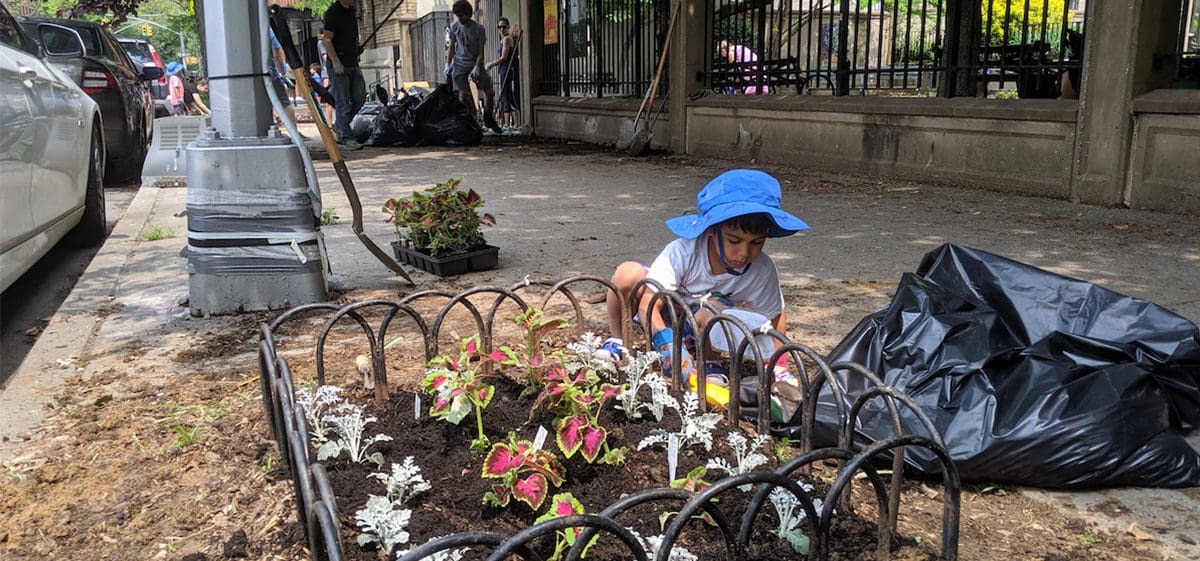 A young child gardening near their local New York City park during a volunteer cleanup through "It's My Park" through Partnerships for Parks.