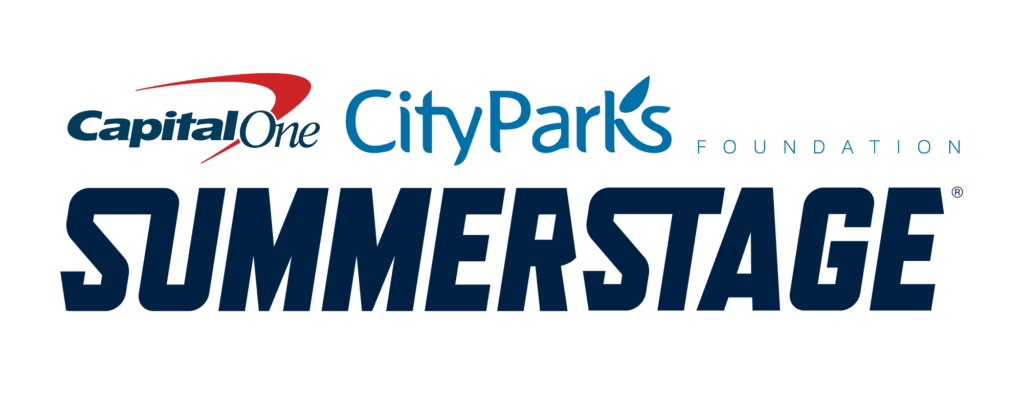 A blue text logo with the Capital One text logo followed by the City Parks Foundation text logo in all light blue and then "SummerStage" in all capital dark navy blue letters