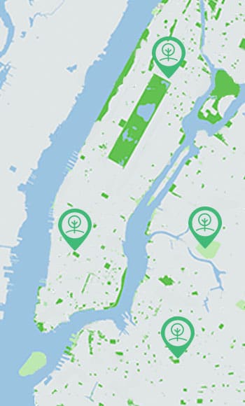 A map of New York City with green circle icons over parks throughout the city.