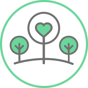 An illustrated circle graphic with tree icons, the center with a heart inside it, in green.