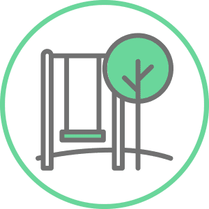 An illustrated circle graphic of a swing and a a tree icon in green.