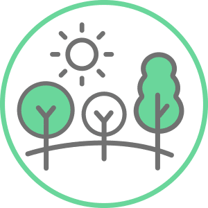 An illustrated circle graphic with trees and a sun icon in green.