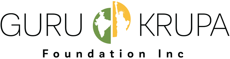 A text logo reading "GURU KRUPA Foundation Inc." with a yellow and green half-circle pattern in the middle