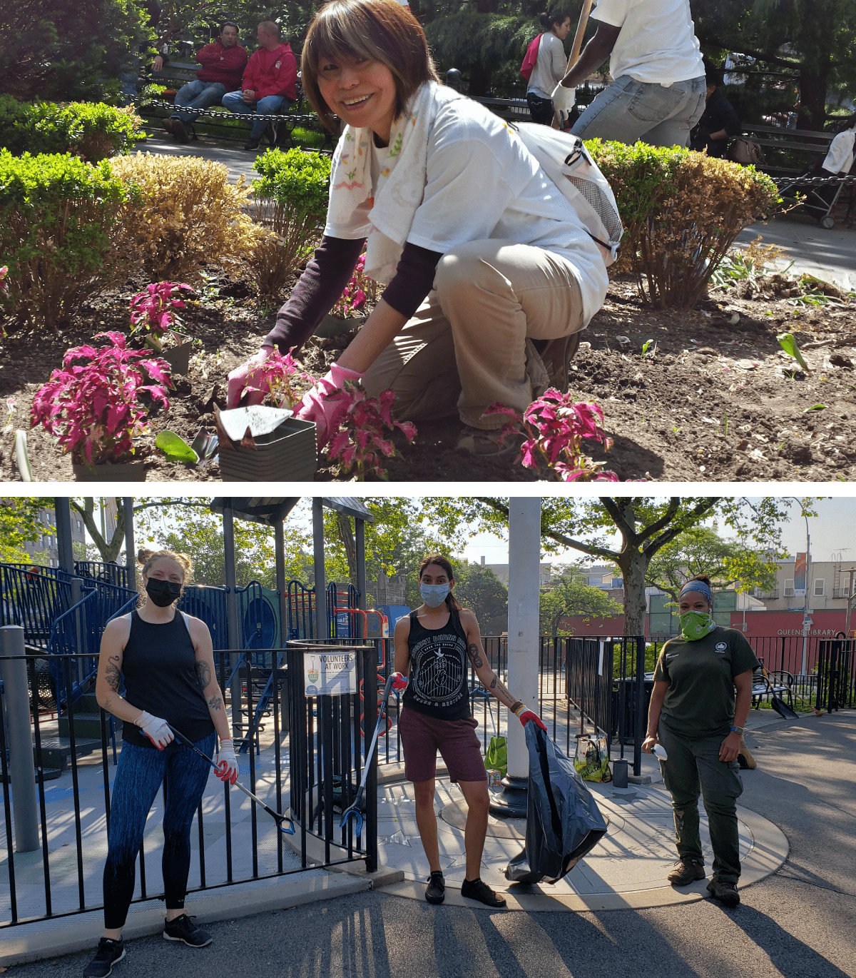 a collage of people gardening and cleaning up litter in parks