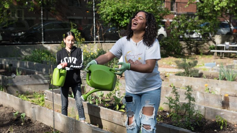A woman and a young girl are standing in an urban garden watering plants in plant boxes.